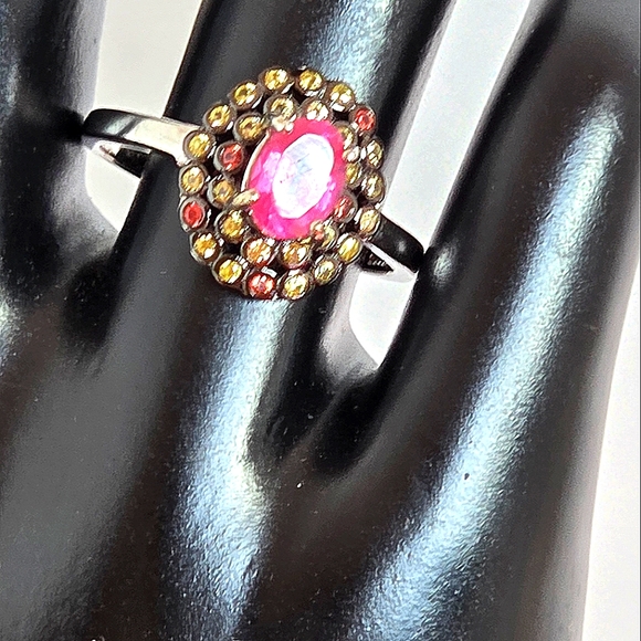 925 Sterling Silver with Natural Ruby 7x5mm & Sapphire Ring Sz 8.25 - Picture 7 of 8